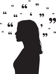 Silhouette of a woman with quotation marks floating around her head