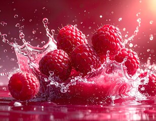 A high-energy digital illustration of fresh raspberries exploding into water, dramatic splashes and flying droplets, intense red tones, sharp lighting, ultra-detailed food illustration
