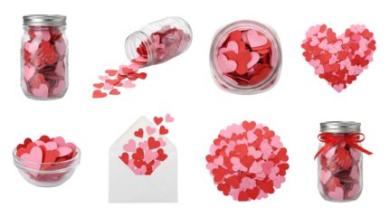 Pink and red paper heart set including mason jars, glass bowl, envelope, and festive confetti arrangements. Valentines Day and romantic celebration collection.