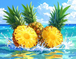 A fresh digital illustration of juicy pineapple chunks crashing into clear water, sharp energetic splashes forming crown-like shapes, tropical color palette, high-detail modern food illustration