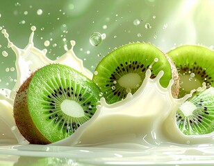A surreal digital illustration of sliced kiwi fruits colliding with silky vanilla milk, creating flowing artistic splashes, soft highlights, modern fantasy food illustration style