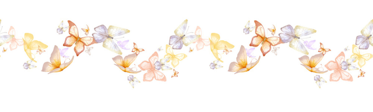 Delicate pink and lilac butterflies on a seamless border. Watercolor illustration. Summer and spring butterflies isolated on the background. For printing on textiles, holiday cards, and invitations.