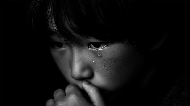 涙を流し不安を抱える男の子、揺れる心の表情