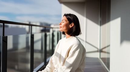 Woman practicing deep breathing meditation balcony, peaceful mindfulness routine. Calm wellness lifestyle, stress relief, natural sunlight. Minimalist urban setting, mental health awareness.