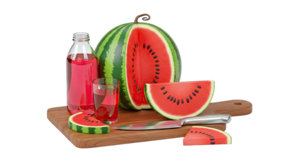 Watermelon Slices, Juice, and Knife on Cutting Board