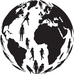 Silhouettes of people walking and standing on a stylized globe representing global community