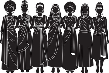 Silhouettes of diverse women in traditional african attire standing together