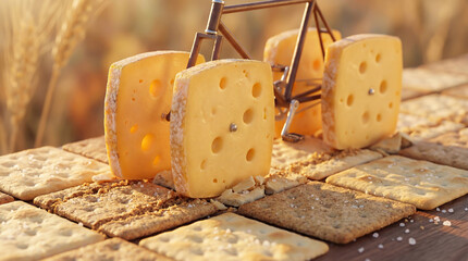 Close-up of a miniature bicycle featuring square slices of Swiss cheese as wheels standing on a road made of crackers