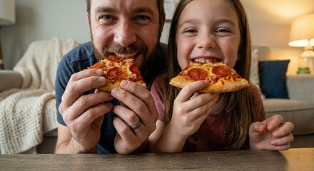 Father and Daughter Enjoying Pizza Together at Home