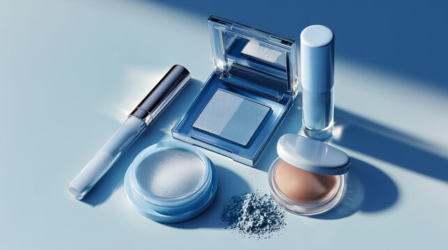 Makeup products blue packaging eyeshadow blush lipstick icy aesthetic. Frosted cosmetic collection cool tones elegant modern beauty design. Luxury glossy containers white surface flatlay composition.
