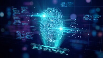 Biometric ID Scan: a digital fingerprint illuminating the intricate details of a biometric scan, symbolizing security and identity. 