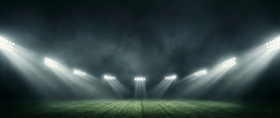 Stadium lights shining on a green field at night