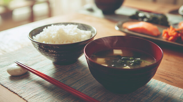 白ご飯と豆腐の味噌汁が並ぶ朝の食卓、シンプル和食