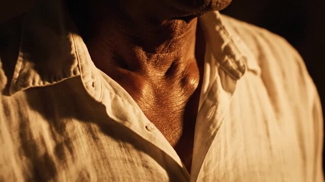 Close-up of an Adult Man's Sweaty Neck and Upper Chest Wearing an Open-Collared White Shirt in a Warm Cinematic