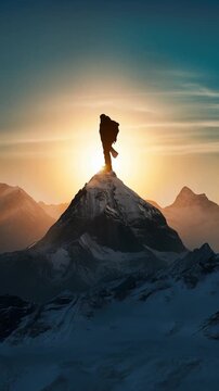 A man takes a step toward the top of a mountain and plants a flag. The camera zooms out. Vertical video footage about victories and achieving goals