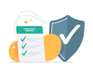 Security shield standard document checklist icon vector modern graphic design, verified protection safety compliance form check list web concept flat cartoon, insurance privacy trust report paper
