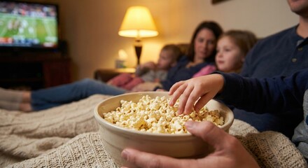 Family watching TV and eating popcorn on couch at home