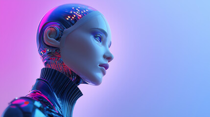 Futuristic humanoid robot with neon neural lights symbolizing artificial intelligence consciousness and evolution.
