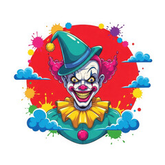 Vibrant cartoon clown head isolated on transparent background with colorful design