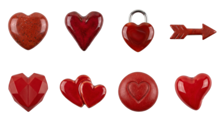Red heart collection including stone, ceramic, faceted, lock, and arrow shapes isolated. Valentine and romantic symbols set.