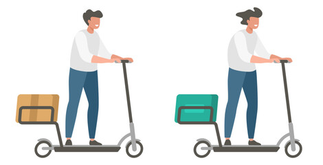Delivery on kick scooter courier man moving fast icon vector modern graphic illustration design set isolated, person shipping parcel order or food box on push kickscooter service image