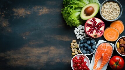 Culinary Symphony of Well-being: A vibrant composition of fresh, wholesome ingredients and supplements, artfully arranged on a textured surface, evoking a sense of nourishment and vitality. 