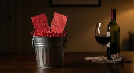 Broken Valentine's Day: Wine, Trash Can, Torn Card