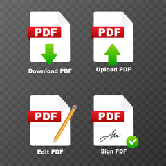 PDF File Actions Icons Set for Document Management.Vector illustration