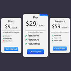 Pricing Table UI Design for SaaS and Startup Website.Vector illustration