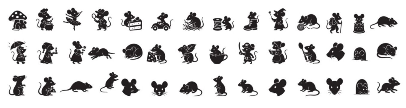 Set of black silhouette mice in various playful scenarios, isolated on white background. concept of cute mouse characters, children toys, nature, wildlife, rodents, kids icons, design elements.