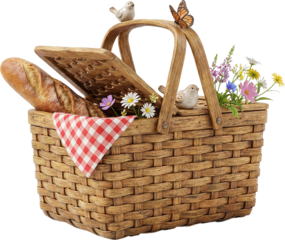 Wicker Picnic Basket with Bread and Flowers