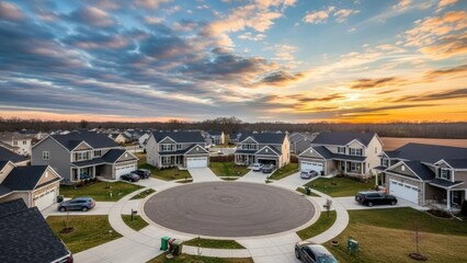 Aerial view of houses arranged around a central circular road