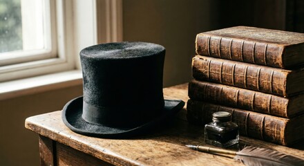 Top Hat and Books on Wooden Table by Window