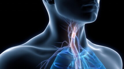 A captivating display highlights the intricacies of the human neck and chest, revealing the trachea, heart, and vascular pathways. This artistic rendition emphasizes anatomical beauty and function