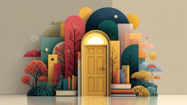 A vibrant, artistic depiction of a yellow door surrounded by colorful trees and abstract shapes, creating a whimsical, inviting atmosphere