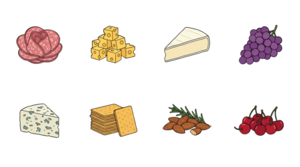 Charcuterie board food set including salami rose, cheese cubes, brie, grapes, gorgonzola, crackers, almonds, and cherries isolated. Appetizer and snack collection.