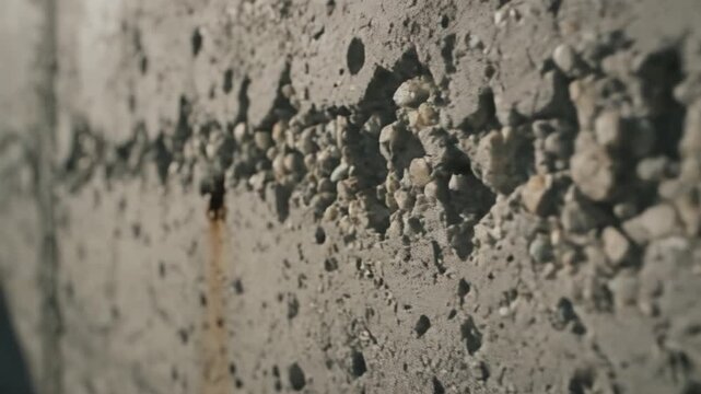 Rough concrete wall texture with small aggregate and surface pitting, rough concrete surface with pebbles and cracks soft directional light, rough concrete wall with exposed aggregate and small