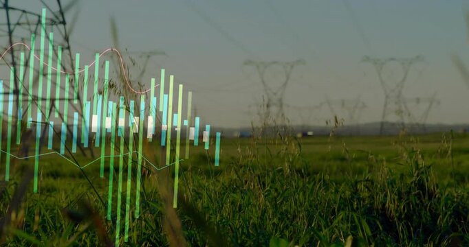 Grassland opening, digital bars rising and pink line weaving across towers, visualizing grid data
