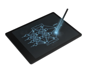A tablet displaying a complex network diagram with a stylus interacting with the screen, illustrating data flow and connections.