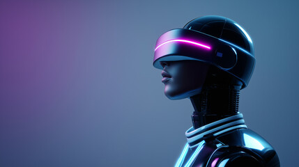 Futuristic humanoid wearing a glowing virtual reality visor, representing artificial intelligence, metaverse technology, and digital immersion.
