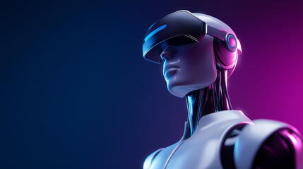 Futuristic humanoid wearing a glowing virtual reality visor, representing artificial intelligence, metaverse technology, and digital immersion.