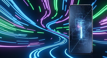 A smartphone with a futuristic interface stands out against a vibrant neon background, conveying innovation and dynamic movement.