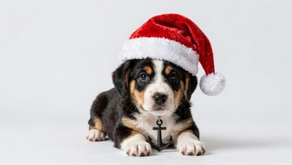 Puppy wearing Santa hat resting on white background