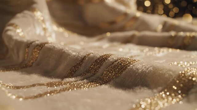 Luxury fabric with gold glitter stripe silk texture soft folds warm bokeh light elegant textile close up festive shimmer satin surface soft fabric with gold thread embroidery and bokeh light