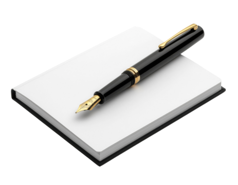 A sleek black fountain pen rests elegantly on a blank notebook, ready for writing and creativity. - Powered by Adobe