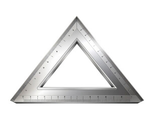 A metallic triangular ruler featuring measurement markings along its edges, designed for precision in drawing and drafting.