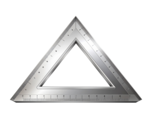 A metallic triangular ruler featuring measurement markings along its edges, designed for precision in drawing and drafting.
