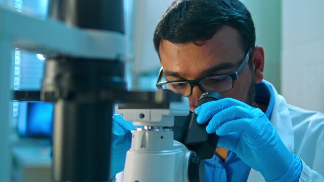 A researcher in a lab, wearing blue gloves and glasses, examines a specimen under a microscope. The modern lab setting emphasizes precision and scientific inquiry.