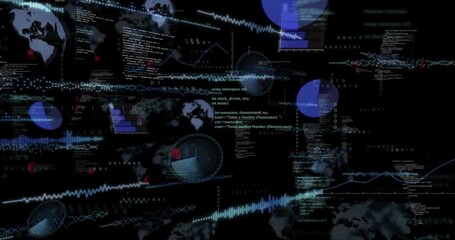 Dark backdrop streaming code spawning globe, chart animations assembling into analytics dashboard - Powered by Adobe