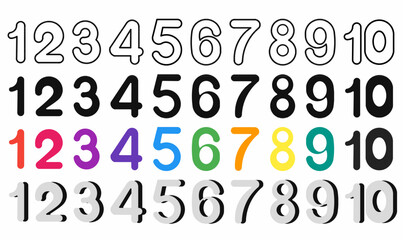 Number typography icon set from 1 to 10.1,2,3,4,5,6,7,8,9,10,one,two,three,four,five,six,seven,eight,nine,ten in outline, bold, colorful, and silhouette.for education, infographic,and graphic design